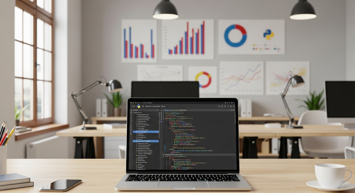 Data science workspace with laptop displaying Python code and analytics